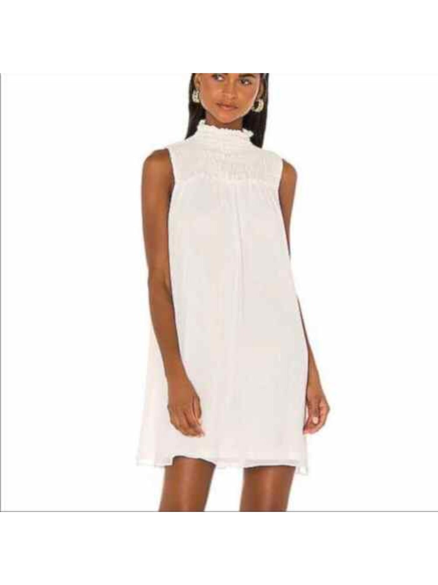 1. STATE Womens Ivory Smocked Sheer Lined Sleeveless Mock Neck Short Party Shift Dress L