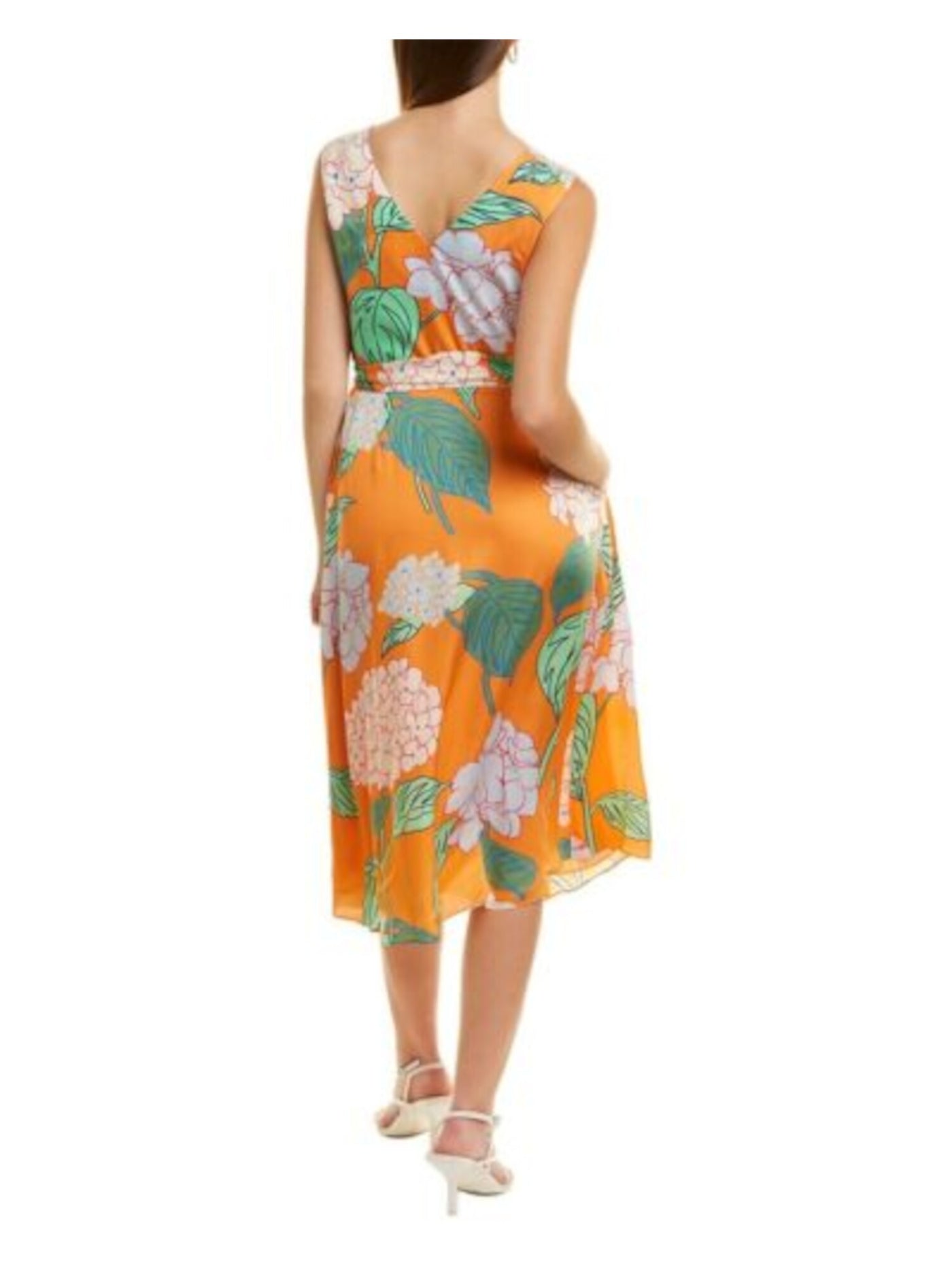 LAFAYETTE 148 Womens Orange Pocketed Tie Floral Sleeveless Surplice Neckline Midi Party Fit + Flare Dress 6