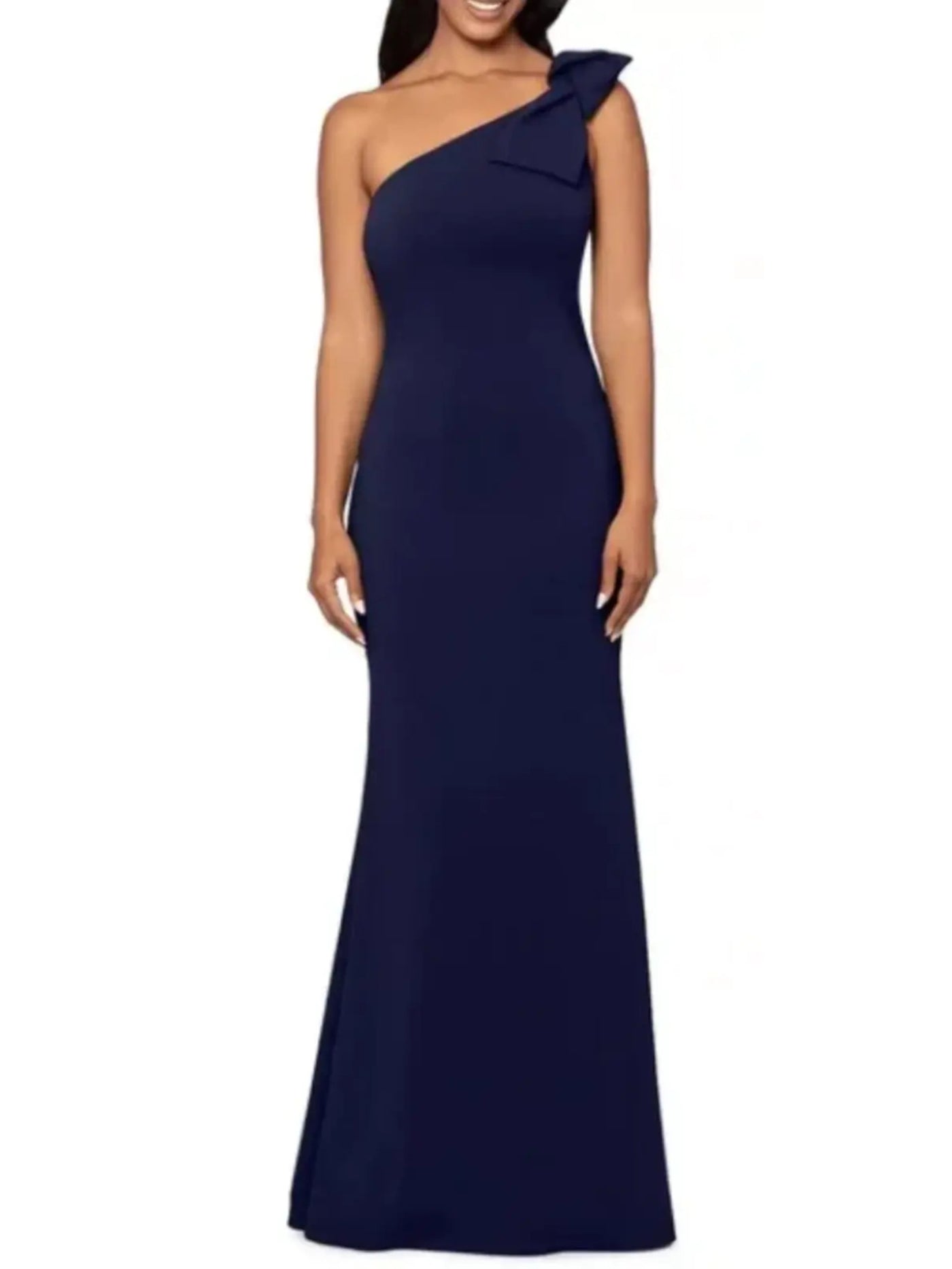 AQUA FORMAL Womens Navy Zippered Lined Bow Accent Sleeveless Asymmetrical Neckline Full-Length Formal Mermaid Dress 2