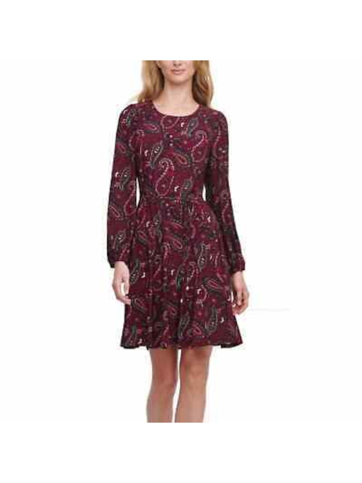 TOMMY HILFIGER Womens Burgundy Stretch Zippered Belted Paisley Long Sleeve Crew Neck Knee Length Wear To Work Fit + Flare Dress 10
