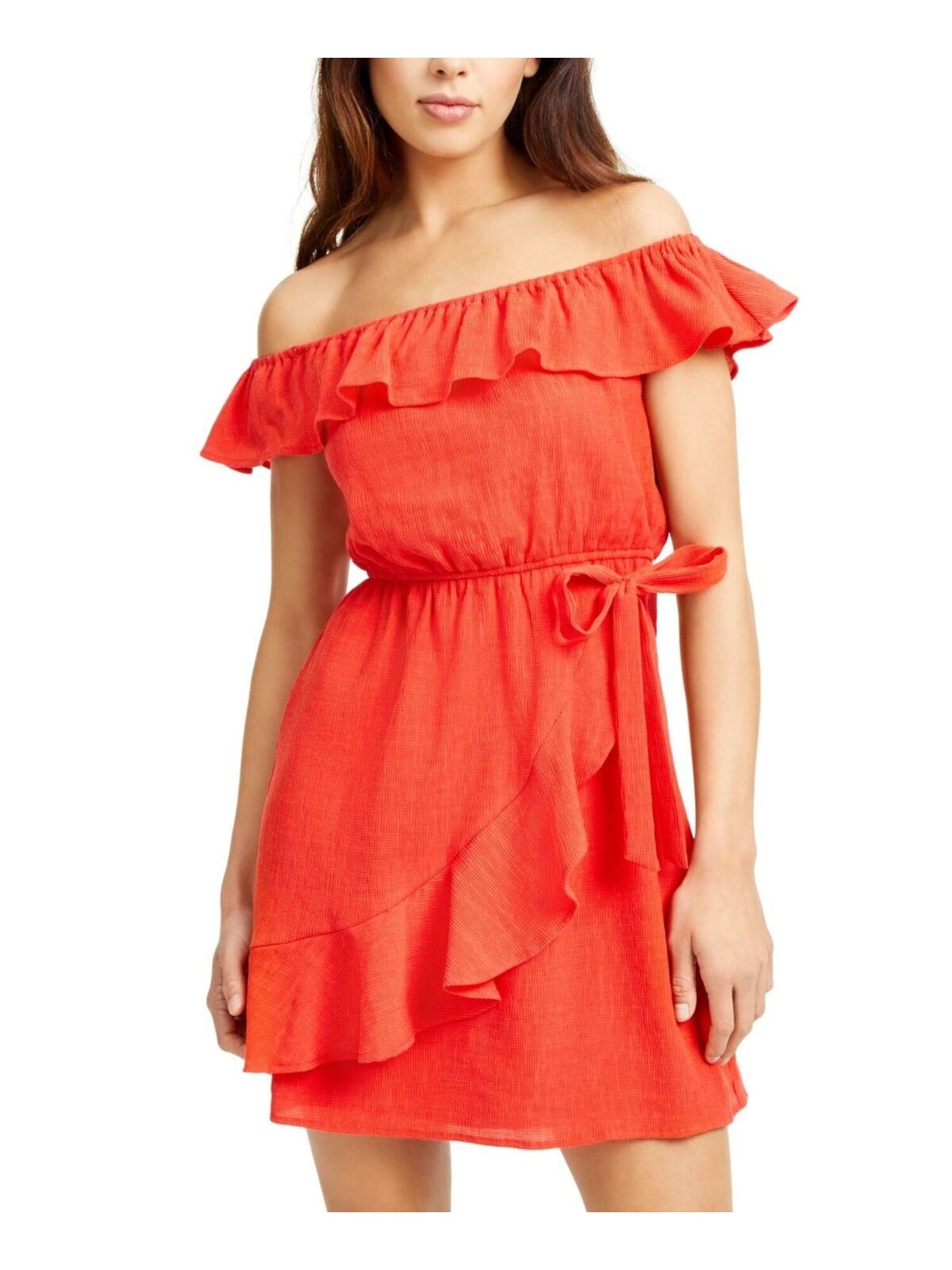 CITY STUDIO Womens Coral Stretch Textured Ruffled Tie Flutter Sleeve Off Shoulder Mini Party Fit + Flare Dress Juniors XXS