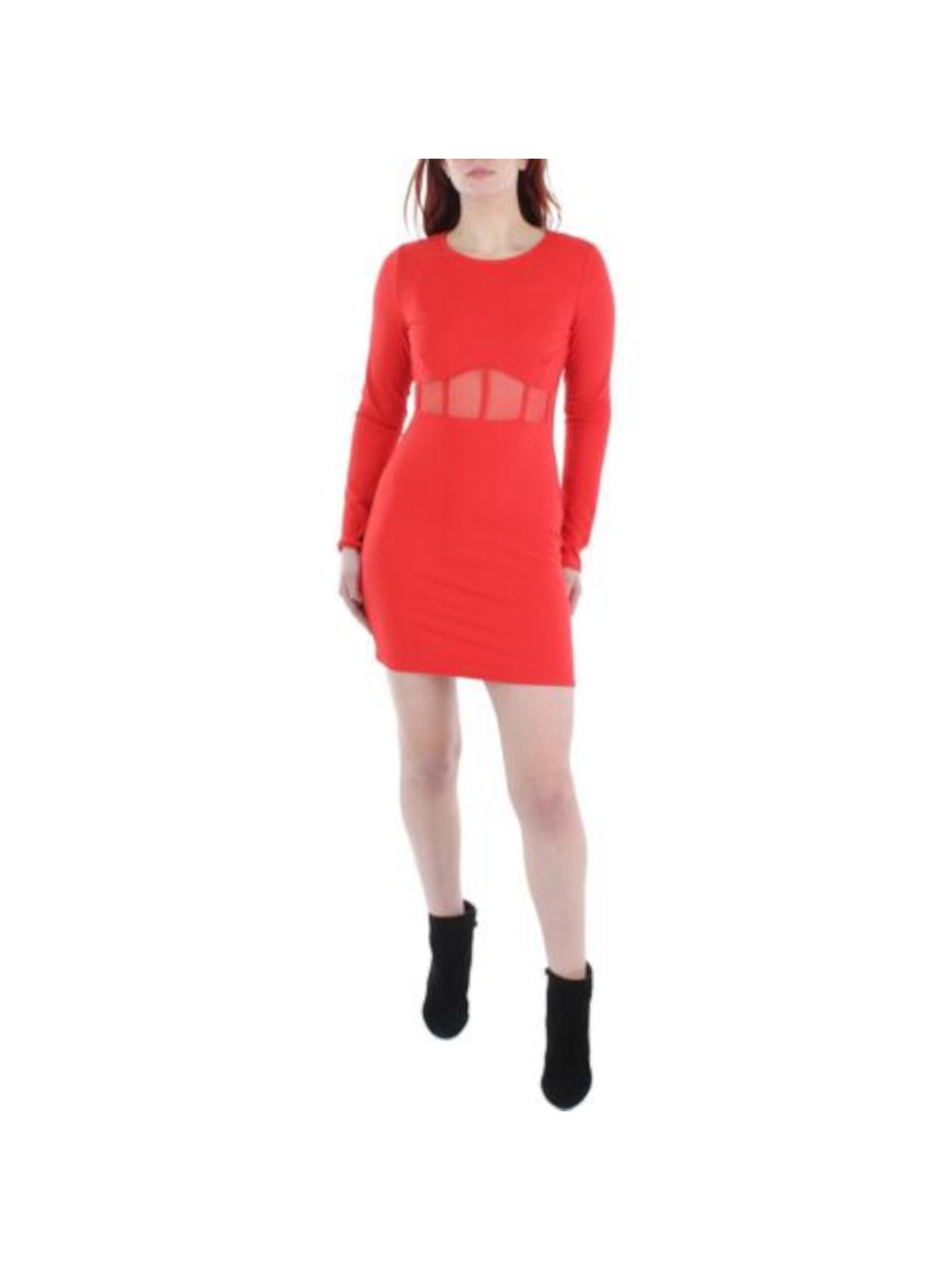 PLANET GOLD Womens Red Ribbed Pullover Illusion Mesh Panels Long Sleeve Round Neck Above The Knee Formal Sheath Dress Juniors XL