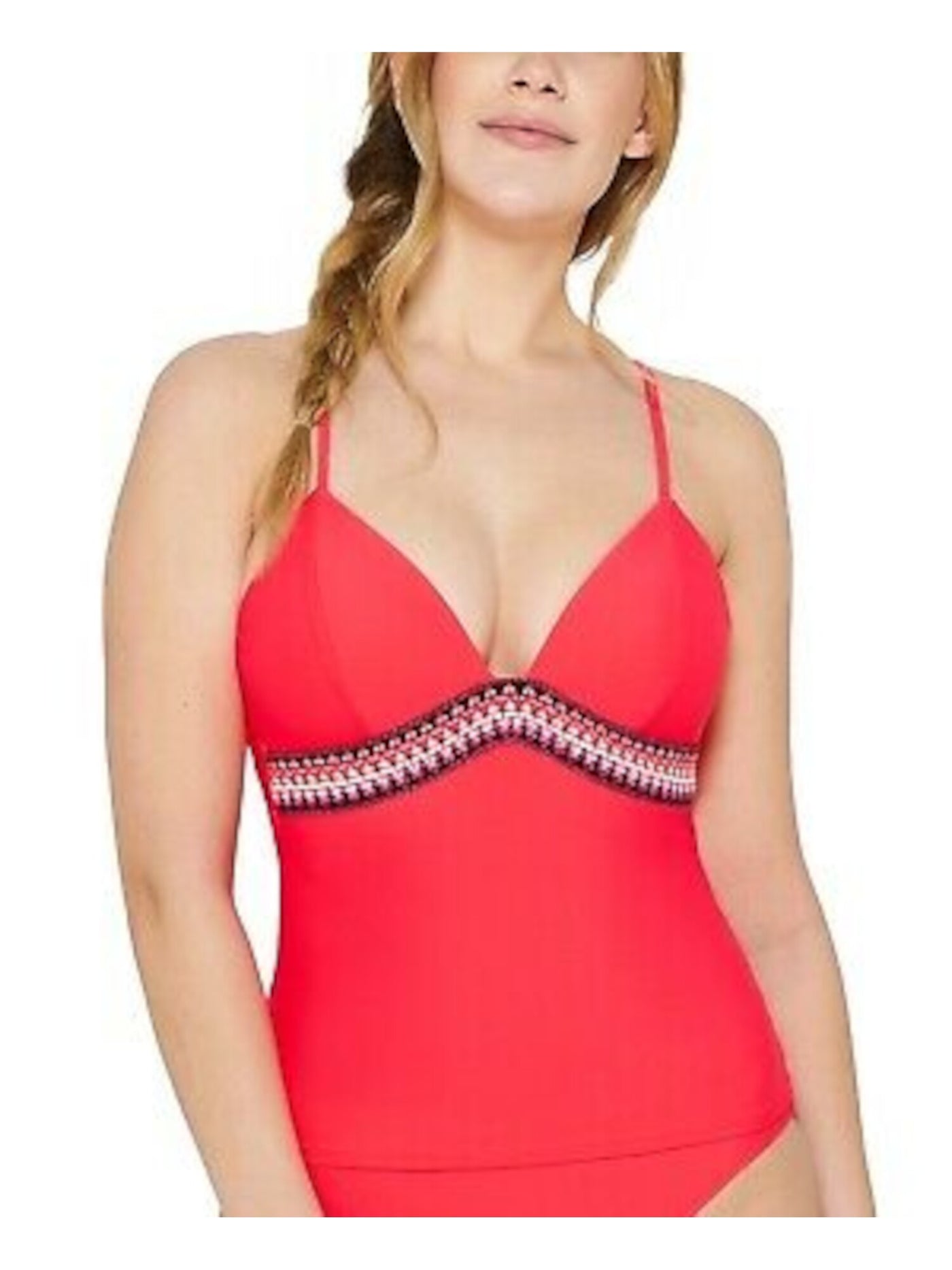 HULA HONEY Women's Orange Stretch Push-Up Tassel-Tie Lined Deep V Neck Fixed Cups Zig Zag Zink Tankini Swimsuit Top M