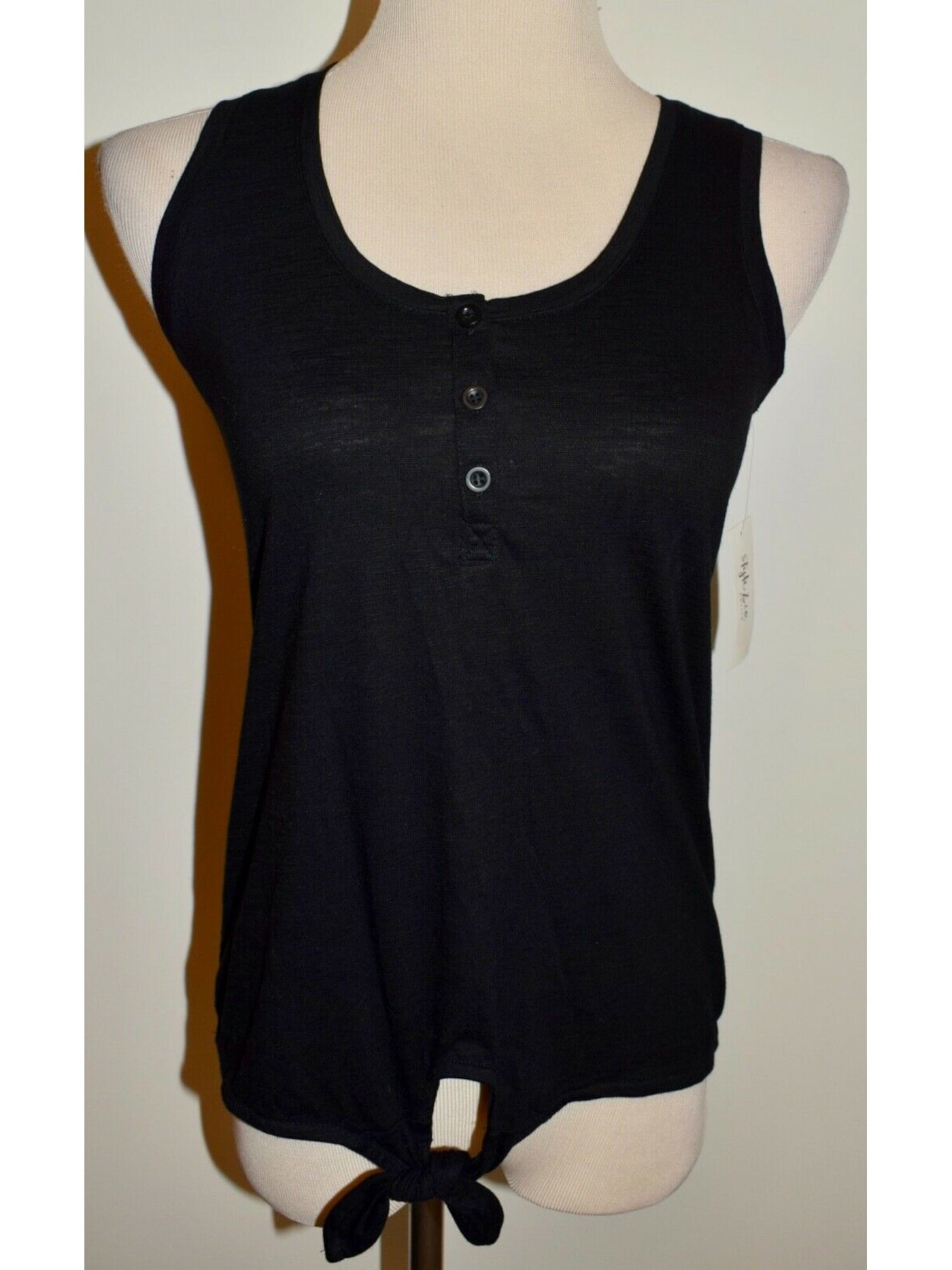 STYLE & COMPANY Womens Black Stretch Tie Henley  Button Closures Sleeveless Scoop Neck Tank Top Petites PS