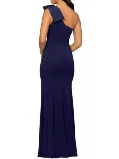 AQUA FORMAL Womens Navy Zippered Lined Bow Accent Sleeveless Asymmetrical Neckline Full-Length Formal Mermaid Dress 4