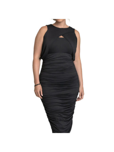 KIYONNA Womens Black Stretch Ruched Short Sleeve Keyhole Midi Evening Body Con Dress Plus 2X