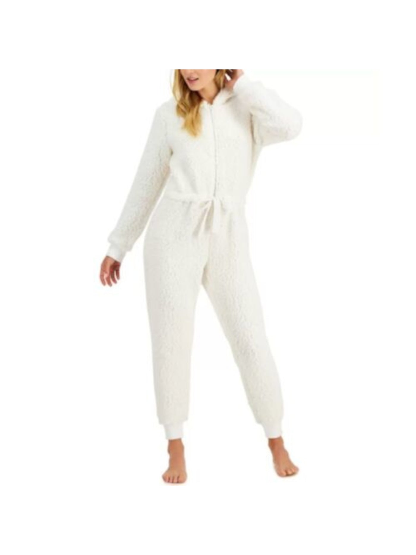 JENNI Intimates White Drawstring Hooded Tie Waist Sherpa Union Suit Pajamas XXL