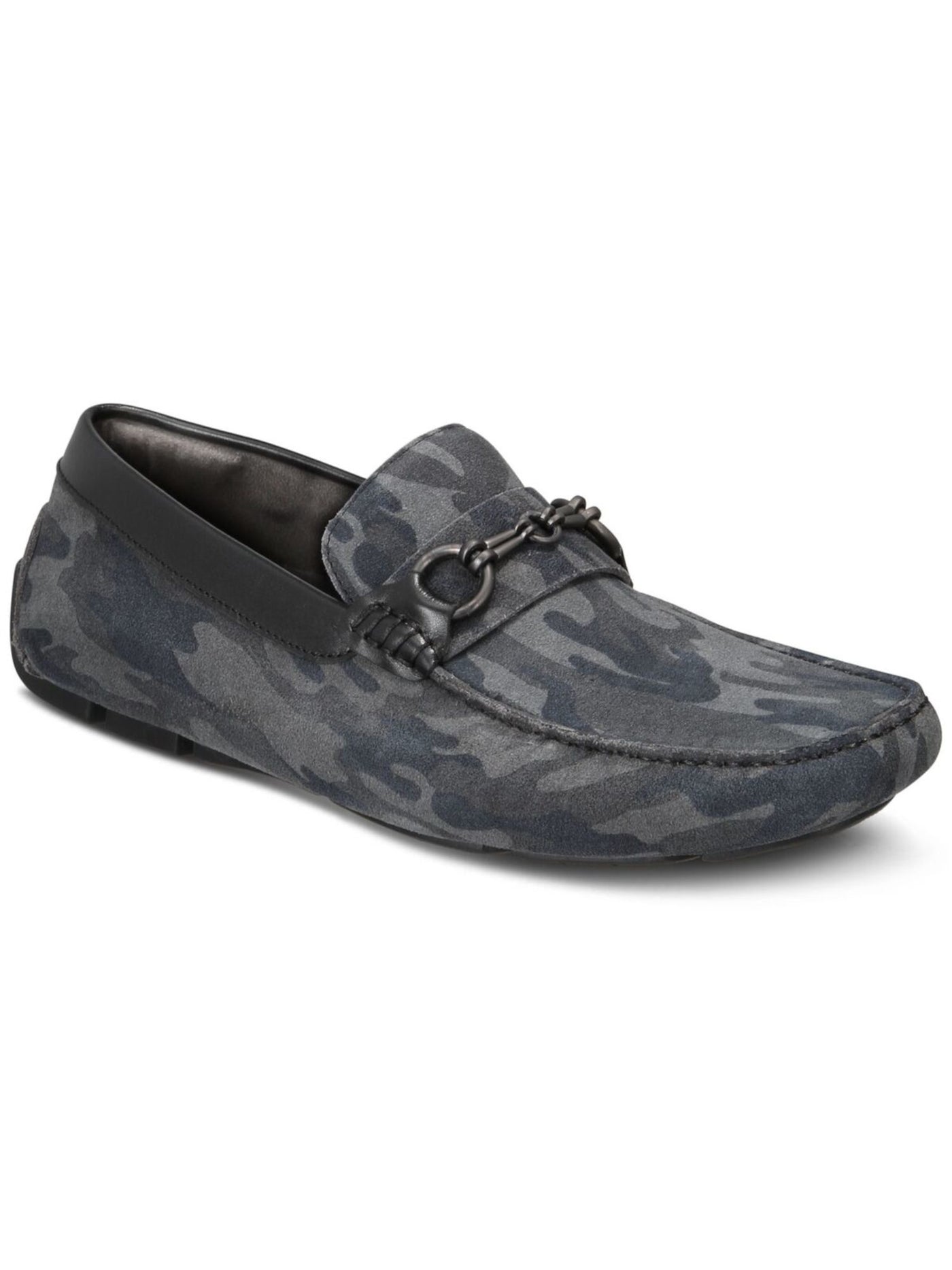 KENNETH COLE NEW YORK Mens Black Camo Camouflage Bit Detail Hardware Topstitch Cushioned Removable Insole Theme Square Toe Slip On Leather Loafers 11.5