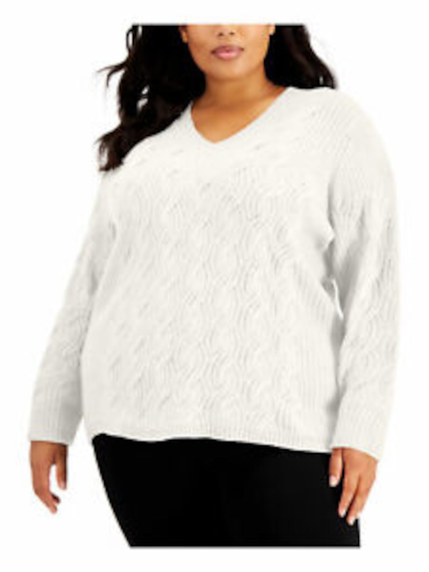 CALVIN KLEIN Womens Ivory Long Sleeve V Neck Sweater Plus 3X