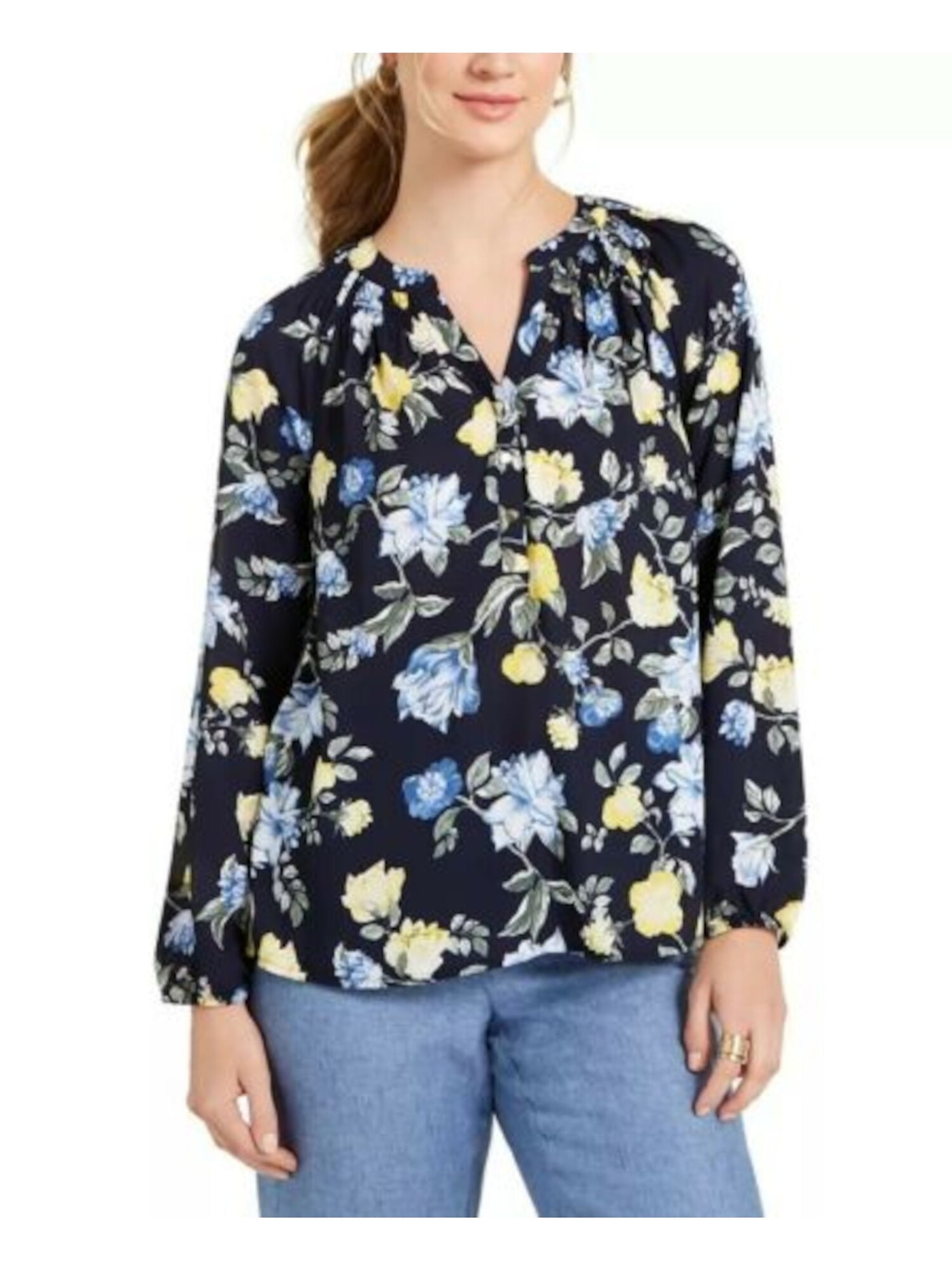 CHARTER CLUB Womens Navy Smocked Floral Cap Sleeve V Neck Trapeze Top Petites PP
