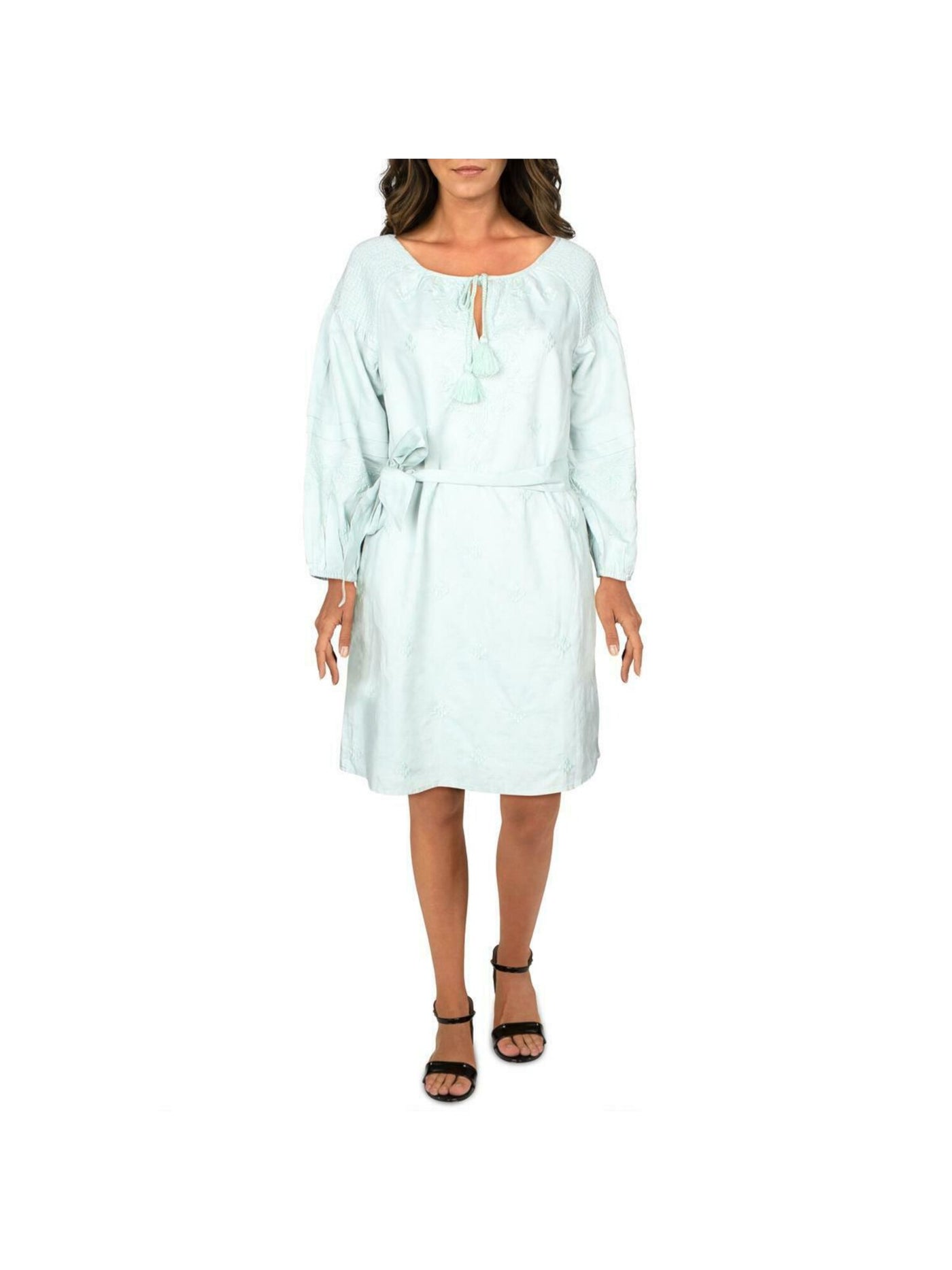 INC Womens Green Belted Pocketed Pocketed Bell Sleeve Tie Neck Above The Knee Fit + Flare Dress M