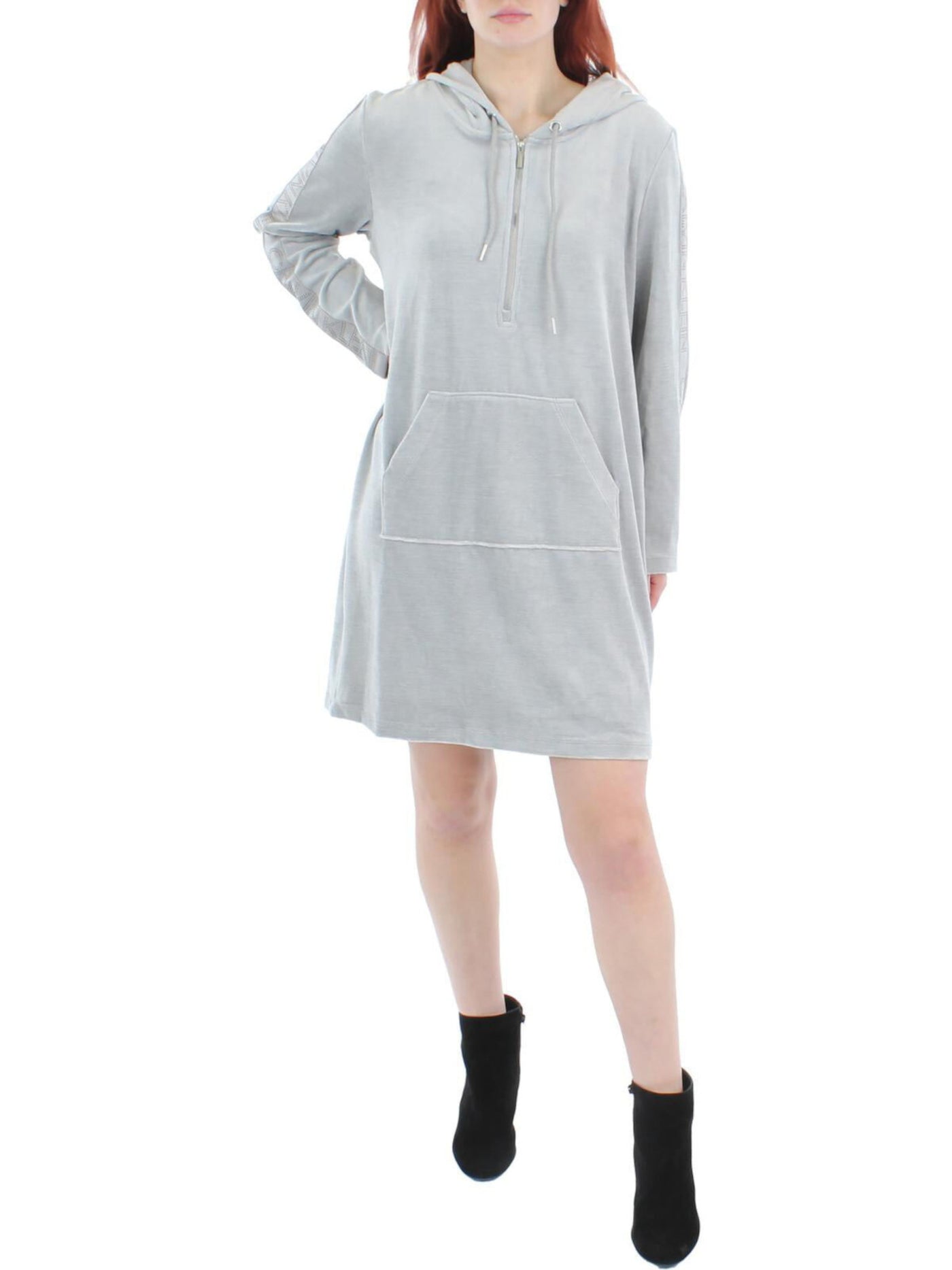 CALVIN KLEIN Womens Gray Zippered Pocketed Drawstring Pullover Hoodie Logo Graphic Long Sleeve Above The Knee Sweatshirt Dress S