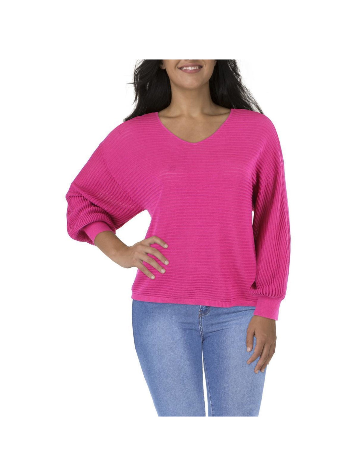 VINCE CAMUTO Womens Pink Ribbed Sheer Pullover Drop Shoulders Blouson Sleeve V Neck Sweater XS