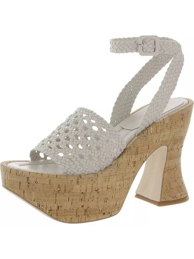 PALOMA BARCELO Womens White Padded Woven Ankle Strap Almond Toe Flare Buckle Leather Heeled Sandal 40