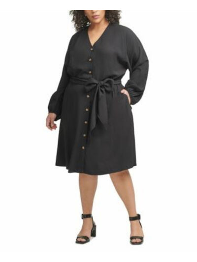CALVIN KLEIN Womens Black Pocketed Belted Roll-tab Sleeve Collared Knee Length Shirt Dress Plus 2X