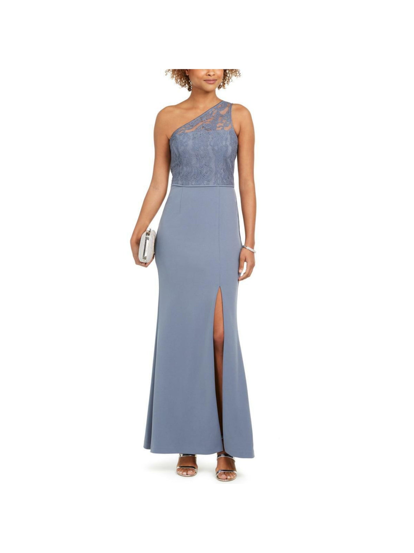 ADRIANNA PAPELL Womens Light Blue Slitted Lace Asymmetrical Neckline Full-Length Evening Sheath Dress 4