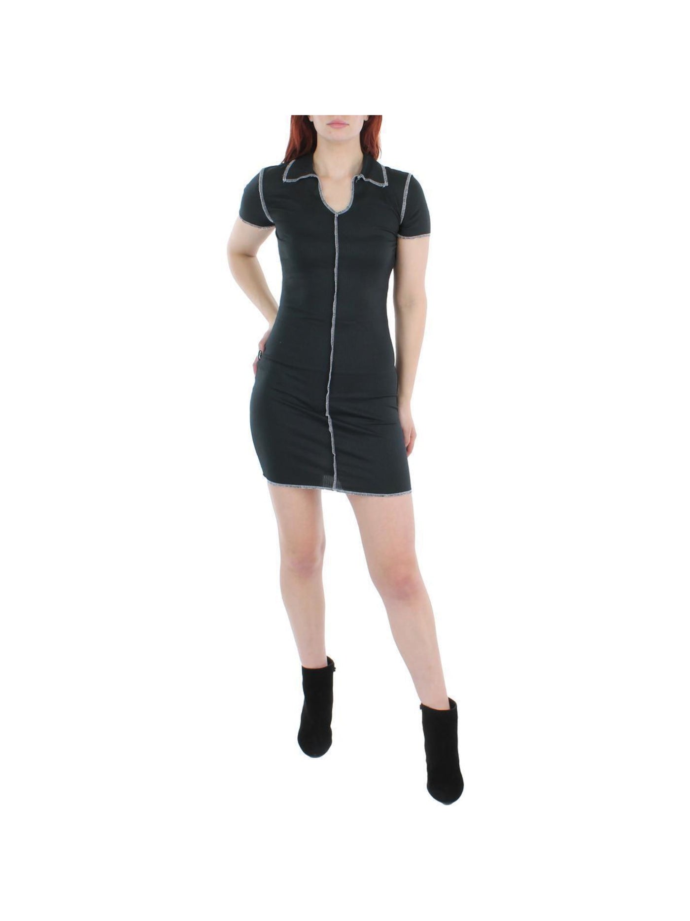 NO COMMENT Womens Black Fitted Ribbed Pullover Contrast Stitching Short Sleeve V Neck Short Shirt Dress M