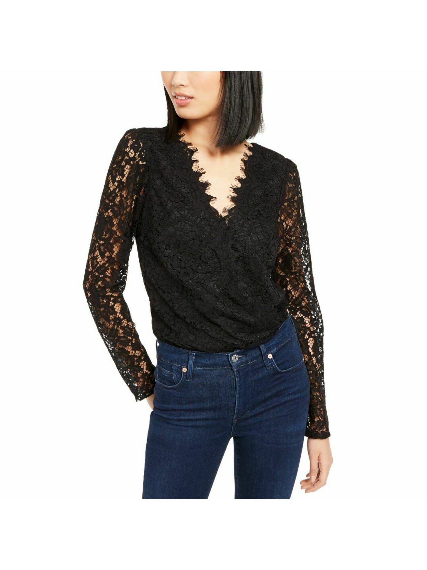LEYDEN Womens Lace  Snap Closure Long Sleeve V Neck Body Suit Top
