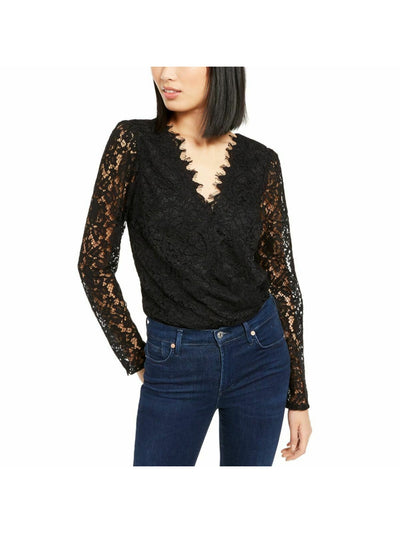 LEYDEN Womens Black Lace Snap Closure Long Sleeve V Neck Body Suit Top XS