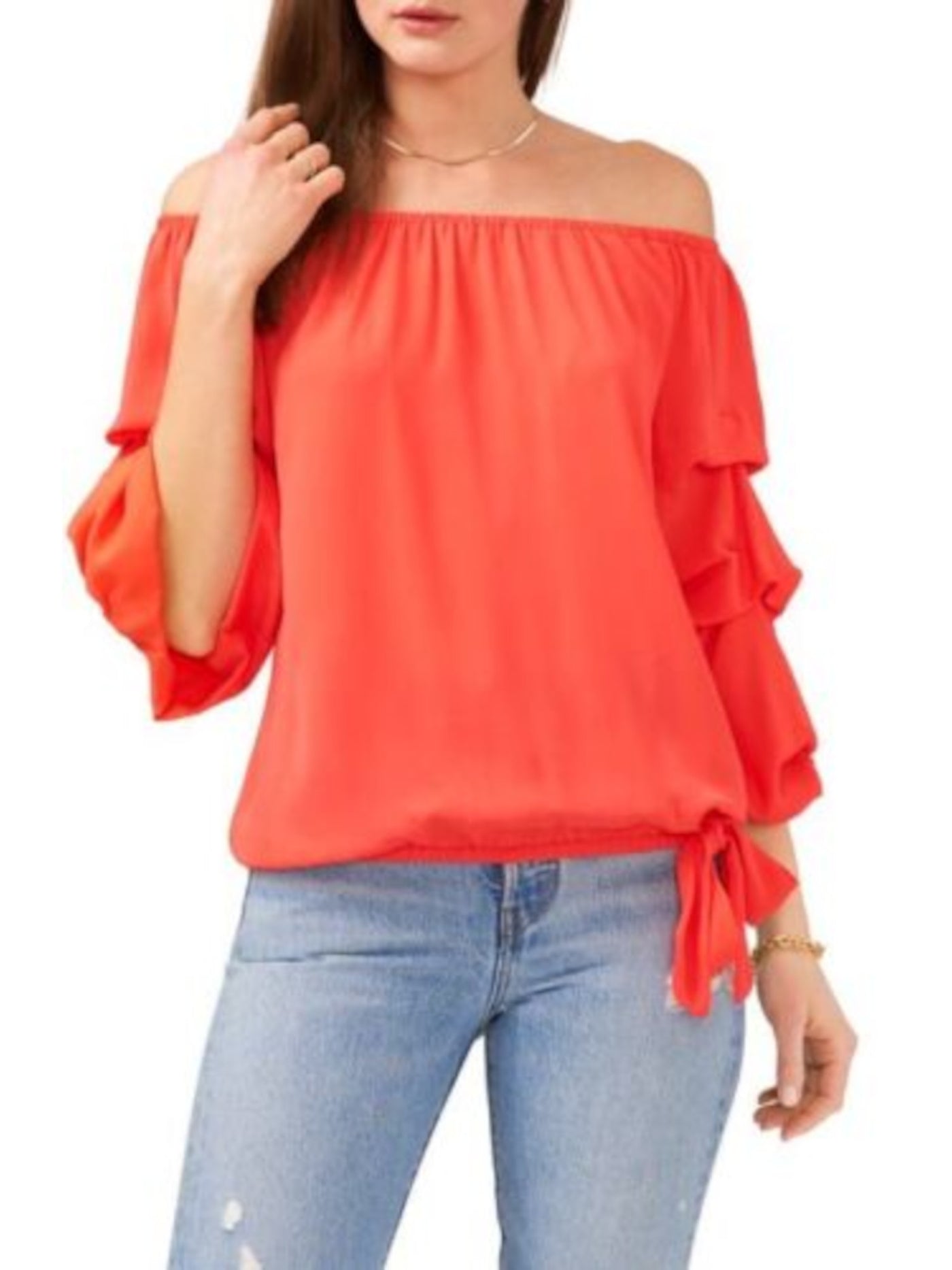 VINCE CAMUTO Womens Red Textured Ruched Tie Elasticized Sheer Unlined 3/4 Sleeve Off Shoulder Party Top L