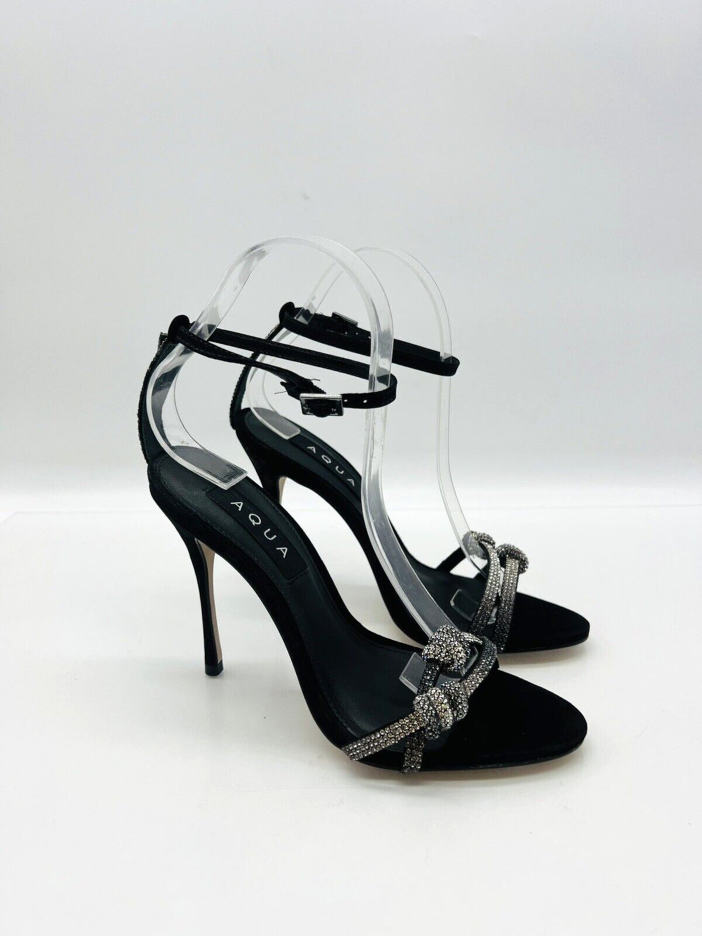 AQUA Womens Black Padded Embellished Ankle Strap Almond Toe Stiletto Buckle Leather Dress Heeled Sandal 8.5