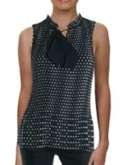 DKNY Womens Black Polka Dot Sleeveless Tie Neck Wear To Work Top Petites PS