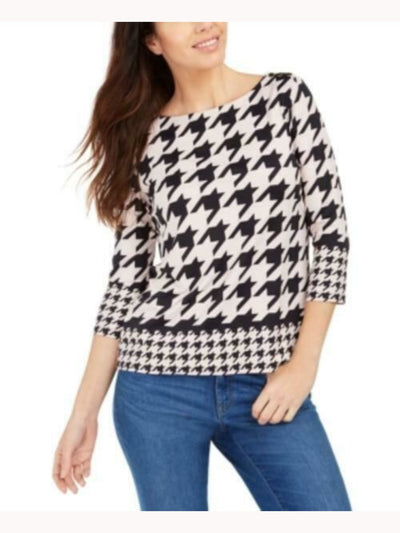 CHARTER CLUB Womens Pink Houndstooth 3/4 Sleeve Jewel Neck Top Petites PS
