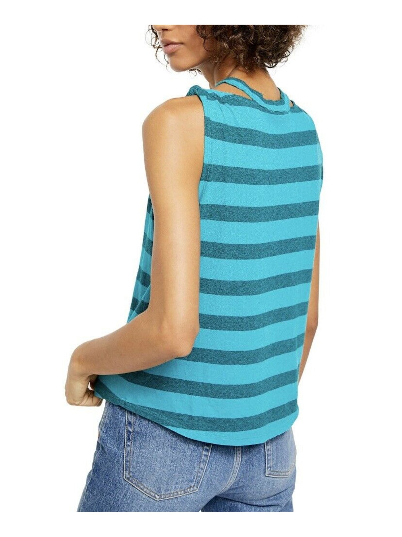 FREE PEOPLE Womens Teal Twist Sleeves Striped Sleeveless Crew Neck Top M