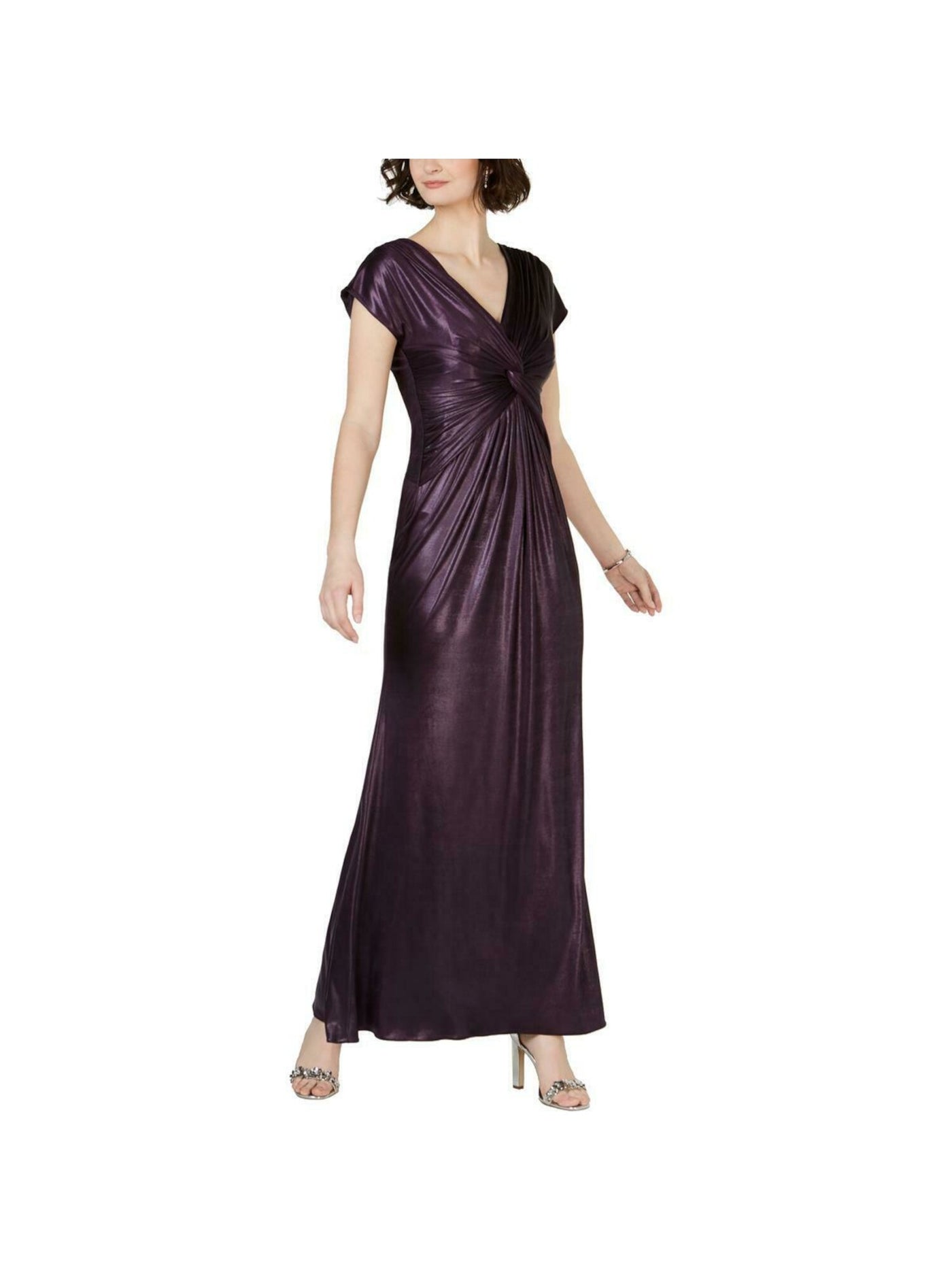 ADRIANNA PAPELL Womens Purple Ruched Twist Front Waist Cap Sleeve V Neck Maxi Evening Dress 10