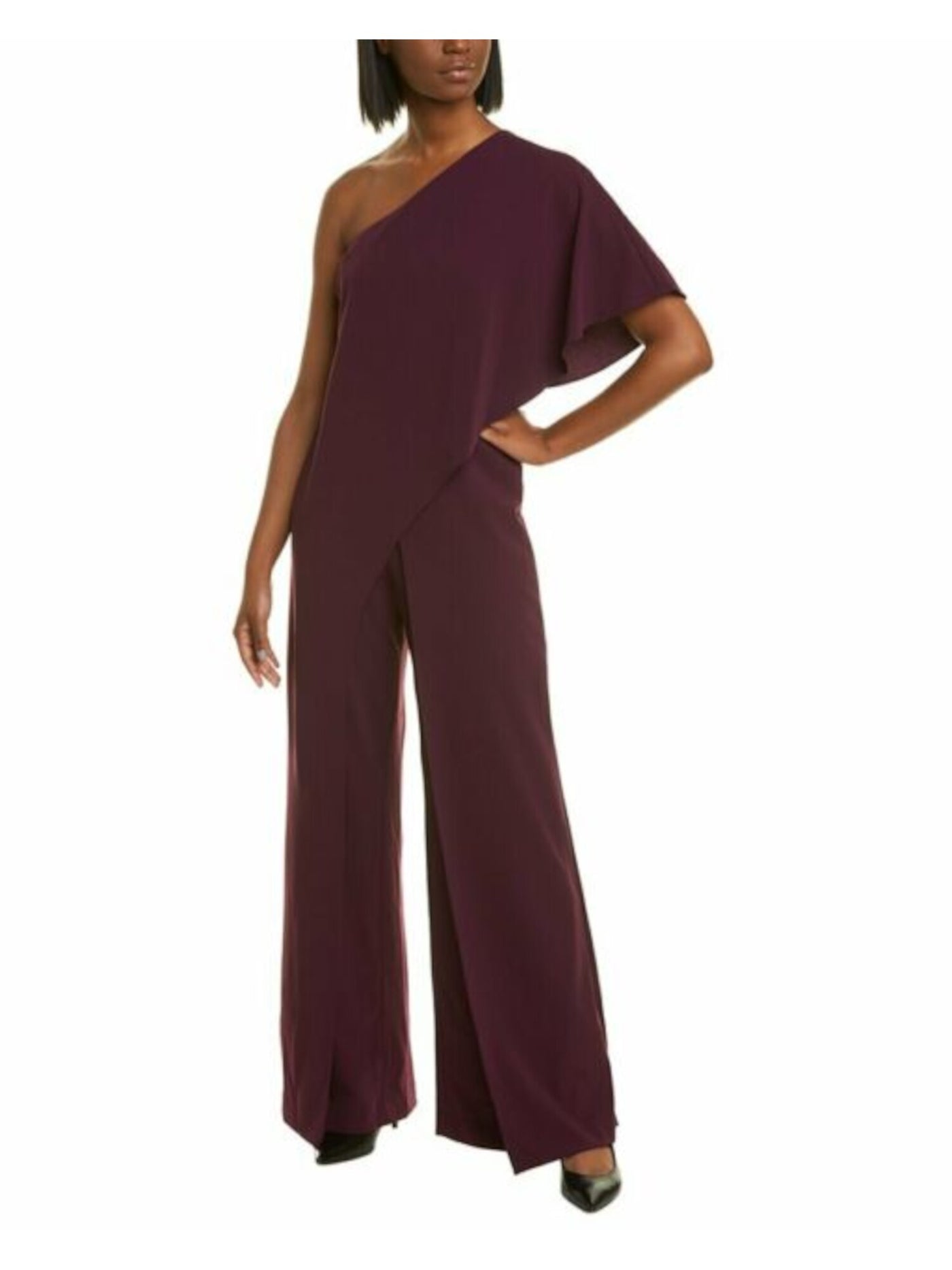 ADRIANNA PAPELL Womens Ruffled Zippered One-shoulder Overlay Kimono Sleeve Asymmetrical Neckline Party Wide Leg Jumpsuit