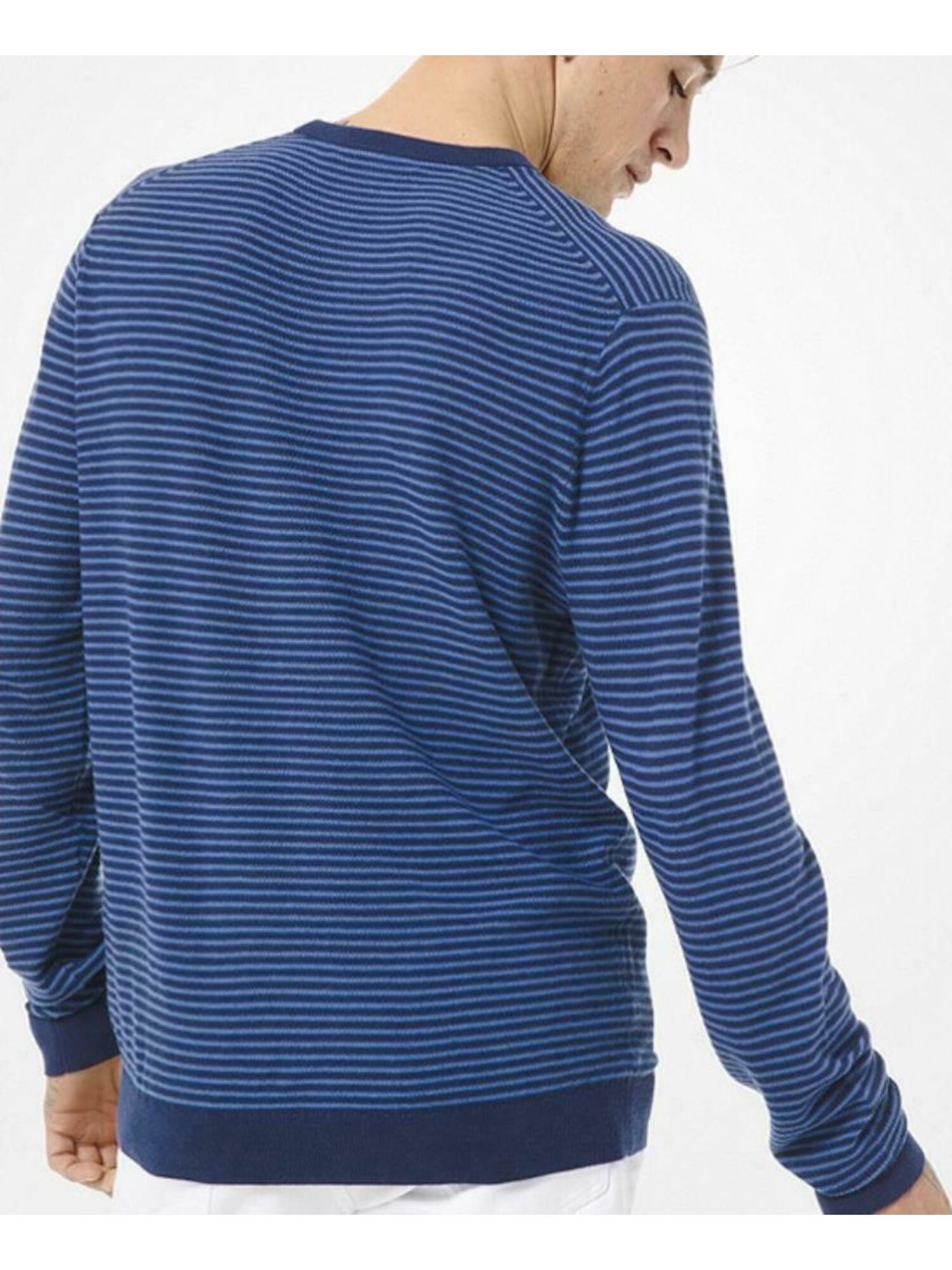 MICHAEL KORS Mens Navy Striped Long Sleeve Crew Neck Cotton Pullover Sweater L