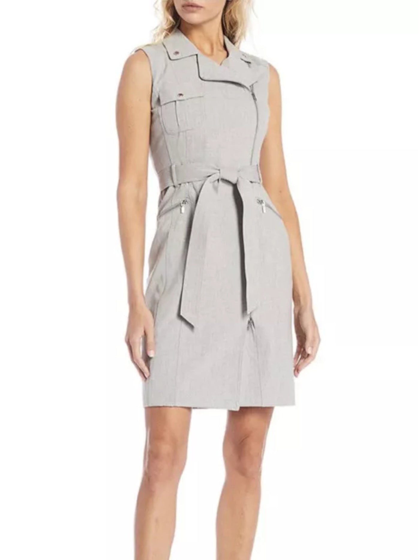 CALVIN KLEIN Womens Gray Zippered Pocketed Belted Lined Logo Accents Heather Sleeveless Collared Short Wear To Work Wrap Dress 4