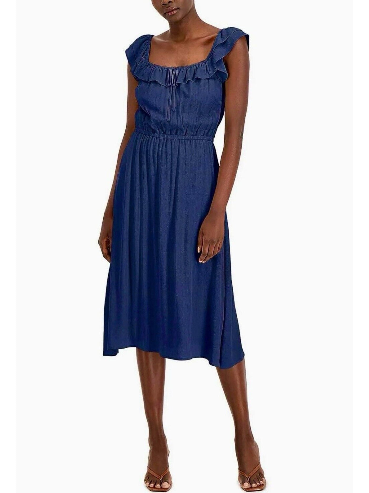 INC Womens Blue Metallic Ruffled Tie Front Elastic Waist Pullover Pinstripe Flutter Sleeve Jewel Neck Midi Fit + Flare Dress M