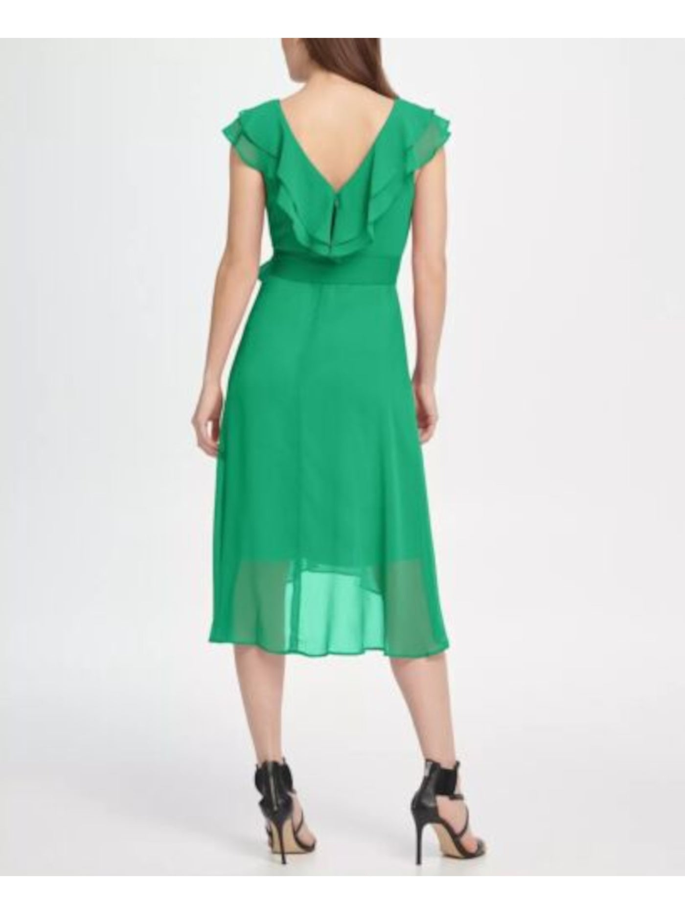 DKNY Womens Green Zippered Lined Flutter Sleeve V Neck Midi Cocktail Shift Dress 6