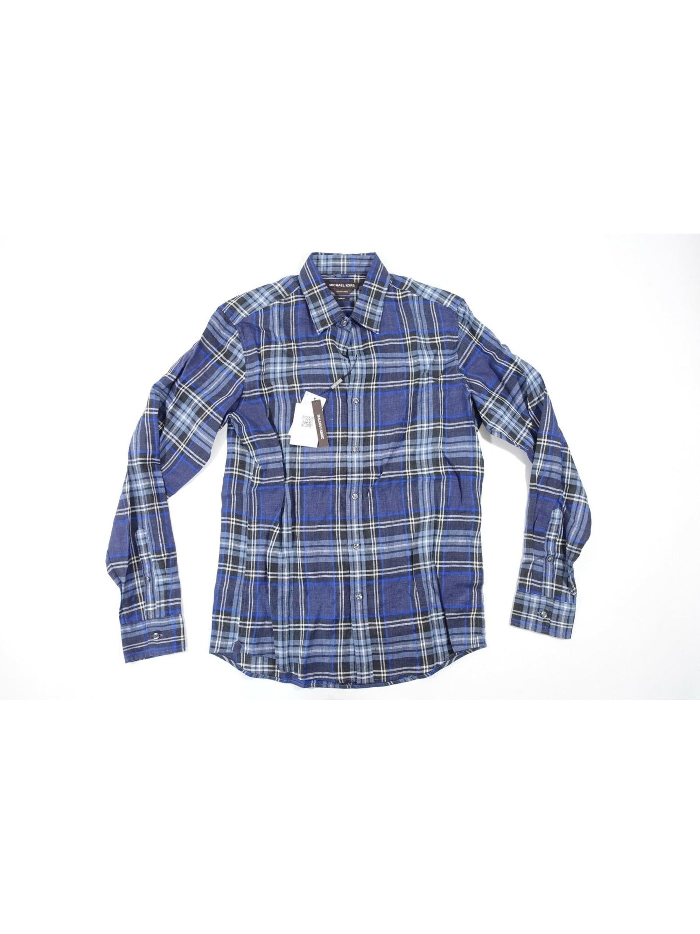 MICHAEL KORS Mens Blue Plaid Long Sleeve Collared Slim Fit Button Down Shirt M