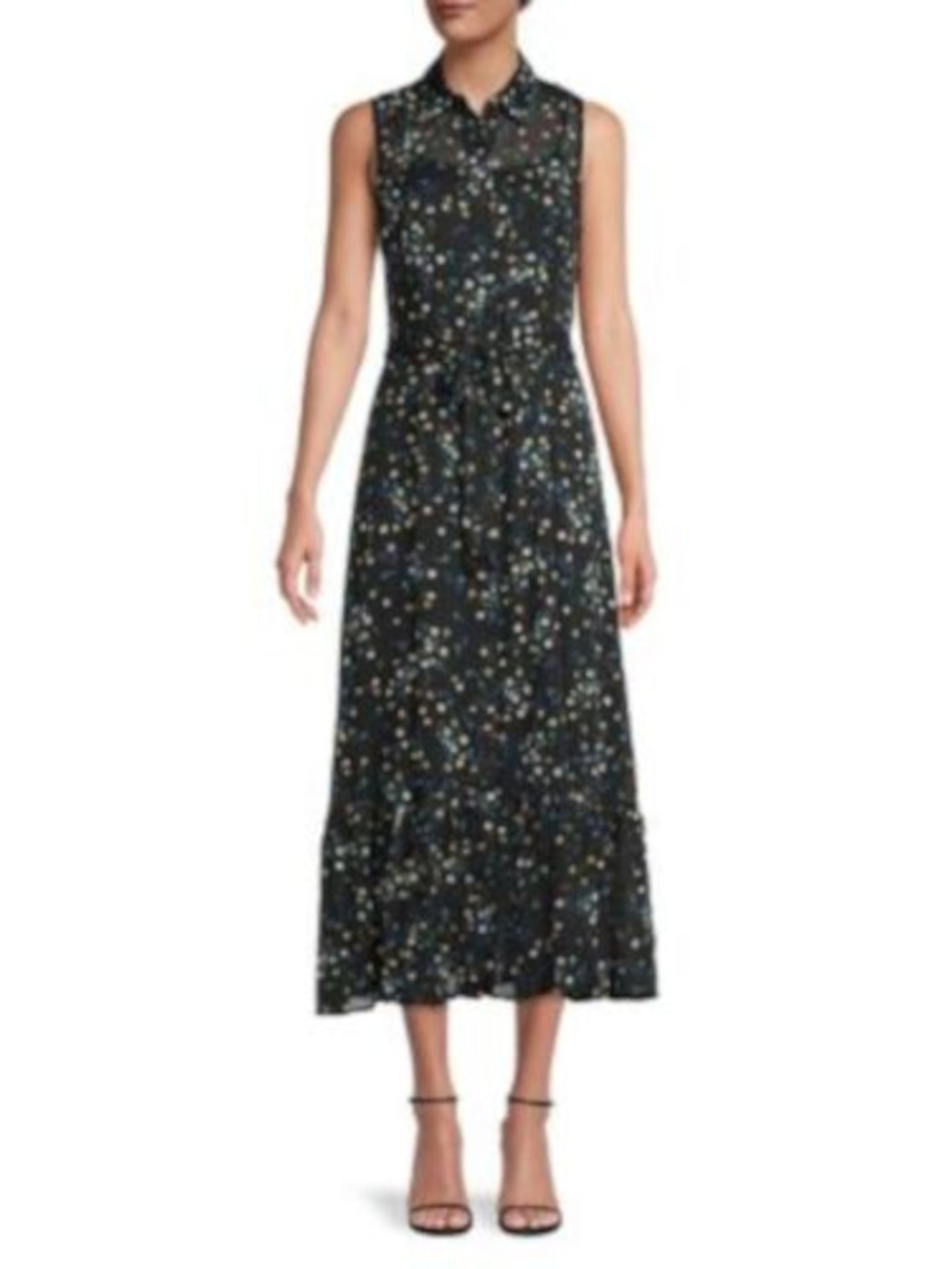 CALVIN KLEIN Womens Black Tie Sheer Lined Pleated Ruffled Floral Sleeveless Collared Tea-Length Shirt Dress 6