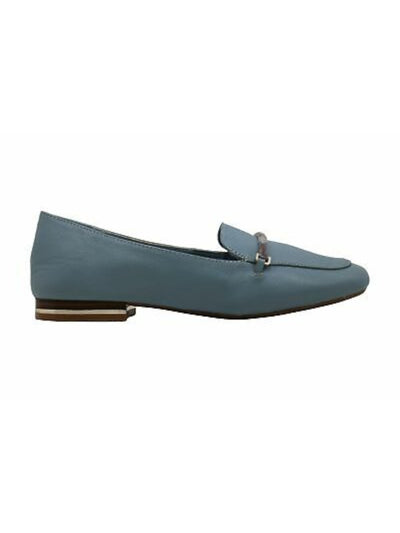 KENNETH COLE NEW YORK Womens Light Blue Hardware Detail At Toe Cap Comfort Balance Round Toe Block Heel Slip On Leather Loafers Shoes M