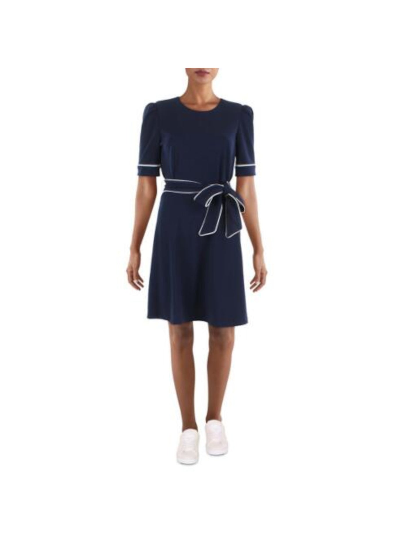 DKNY Womens Navy Zippered Belted Lined Piped Elbow Sleeve Crew Neck Above The Knee Wear To Work Fit + Flare Dress 6