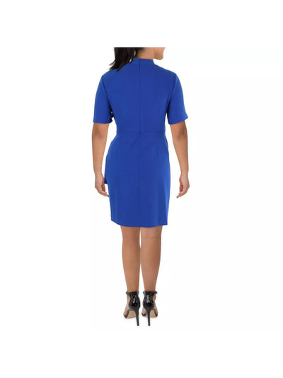 DKNY Womens Blue Pleated Zippered Draped Panel Short Sleeve Surplice Neckline Above The Knee Wear To Work Faux Wrap Dress 4