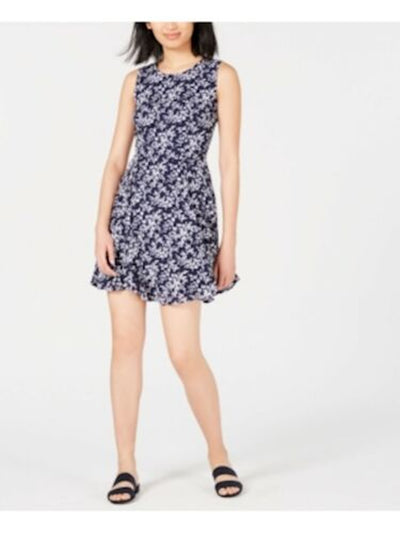 MAISON JULES Womens Navy Floral Sleeveless Jewel Neck Mini Fit + Flare Dress 10