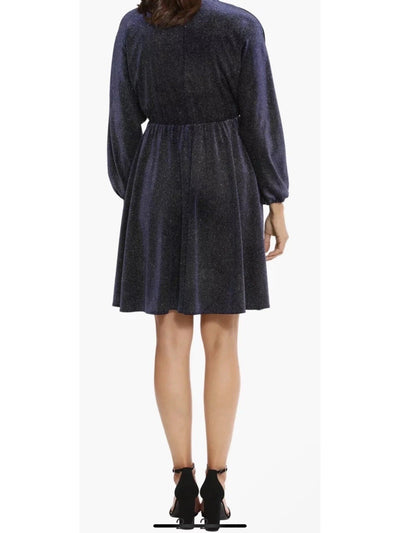 LONDON TIMES Womens Navy Glitter Elastic Waist Pullon Speckle Long Sleeve V Neck Above The Knee Evening Fit + Flare Dress Plus 3X