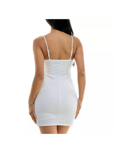 B DARLIN Womens Ivory Adjustable Lined Feather-trim Spaghetti Strap Square Neck Mini Party Body Con Dress 11\12