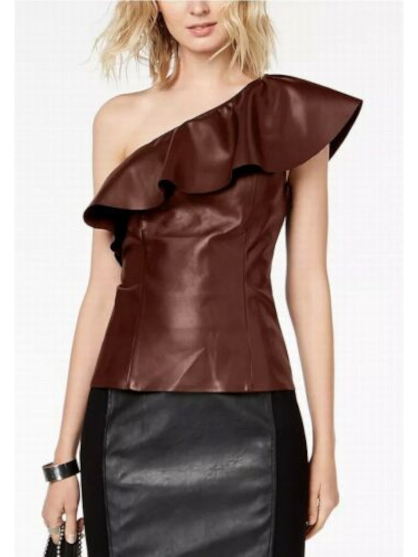 INC Womens Brown Faux Leather Ruffled One Shoulder Sleeveless Asymmetrical Neckline Top XS