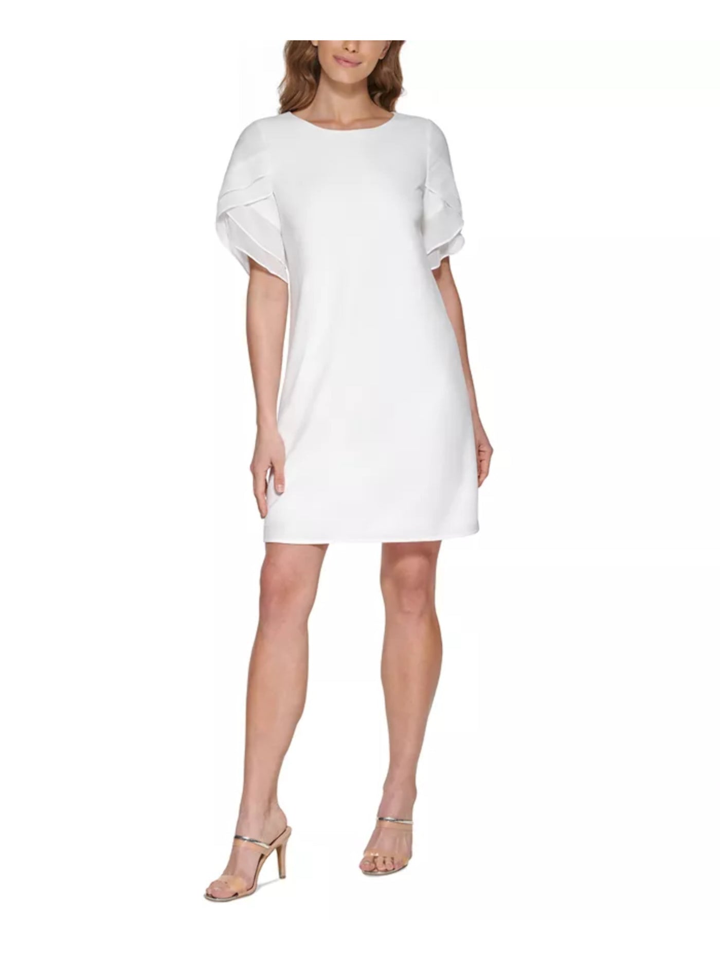 DKNY Womens White Zippered Tiered Lined Pouf Sleeve Round Neck Above The Knee Wear To Work Shift Dress 8