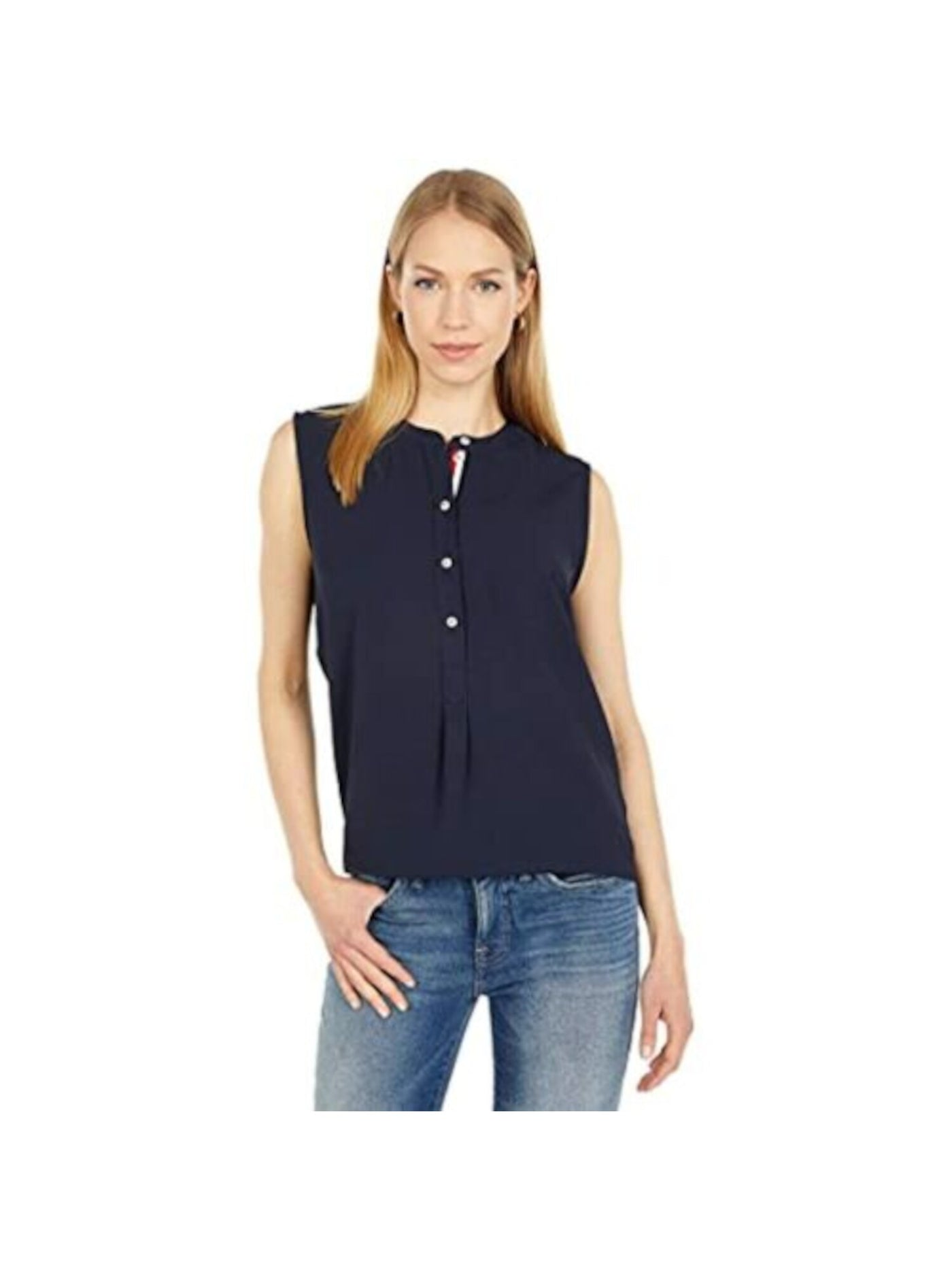 TOMMY HILFIGER Womens Navy Pleated Buttoned Band-collar Sleeveless Crew Neck Blouse Plus XXL