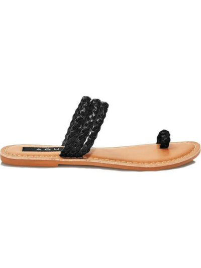 AQUA Womens Black Toe-Loop Cushioned Braided Slay Open Toe Slip On Leather Slide Sandals Shoes 9.5 M