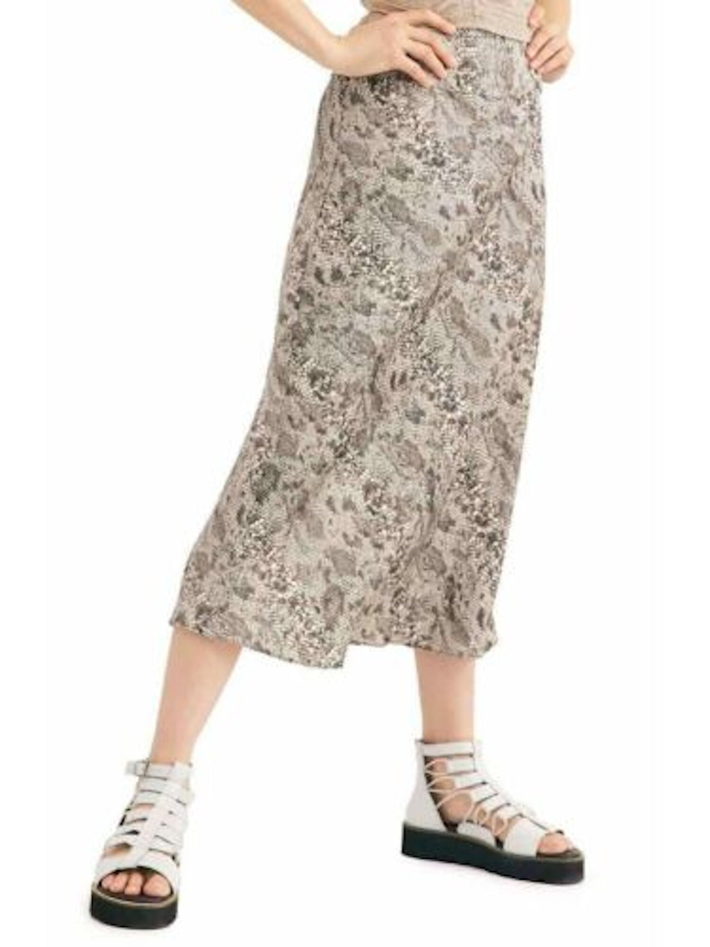 FREE PEOPLE Womens Gray Printed Tea-Length Pencil Skirt Size: 2