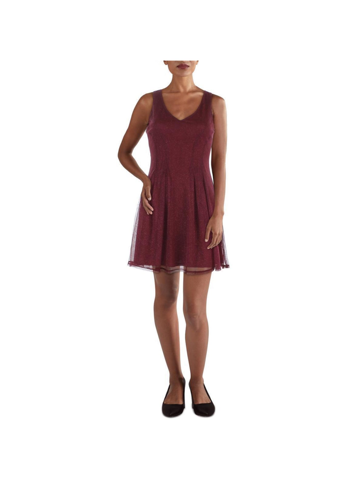 CITY STUDIO Womens Burgundy Stretch Zippered Pleated Lined Sleeveless V Neck Short Party Fit + Flare Dress Juniors 3