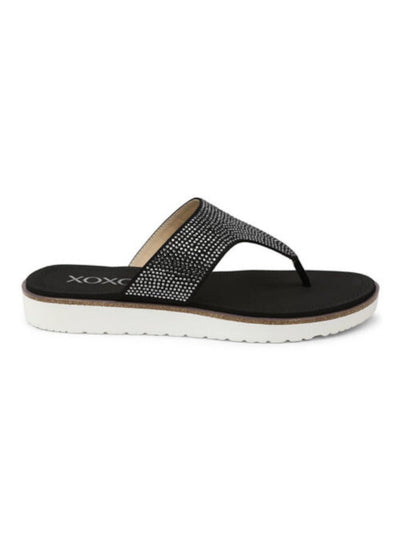 XOXO Womens Black Rhinestone Comfort Dorice Round Toe Wedge Slip On Thong Sandals Shoes 6 M