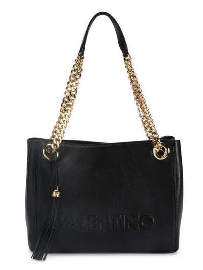 VALENTINO Women's Black Luisa Sauvage Solid Chain Detail Straps Embossed Logo Double Flat Strap Shoulder Bag